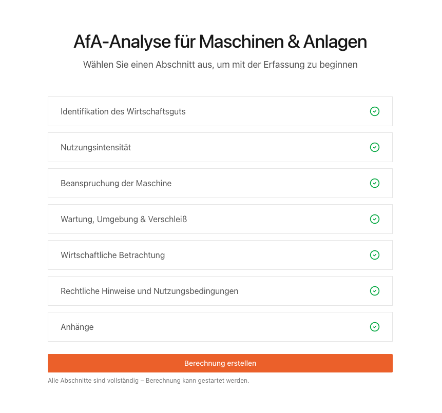 Maske zur Erstellung einer AfA-Analyse